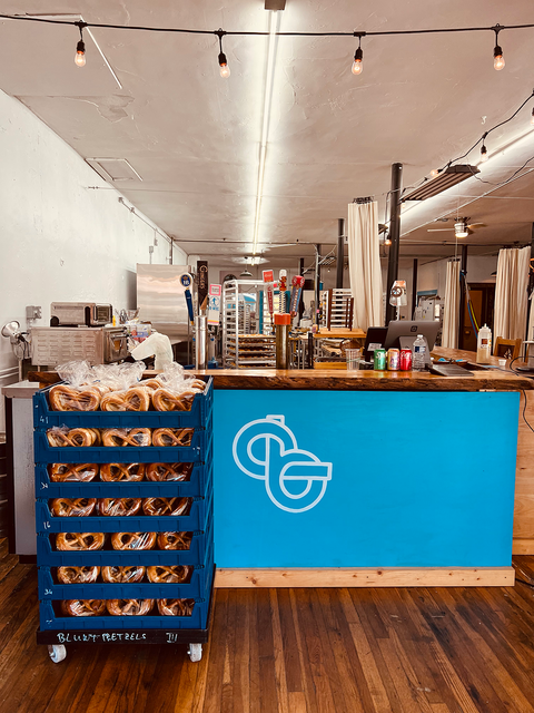 Traditional bavarian soft pretzels ready for wholesale in front of the bar